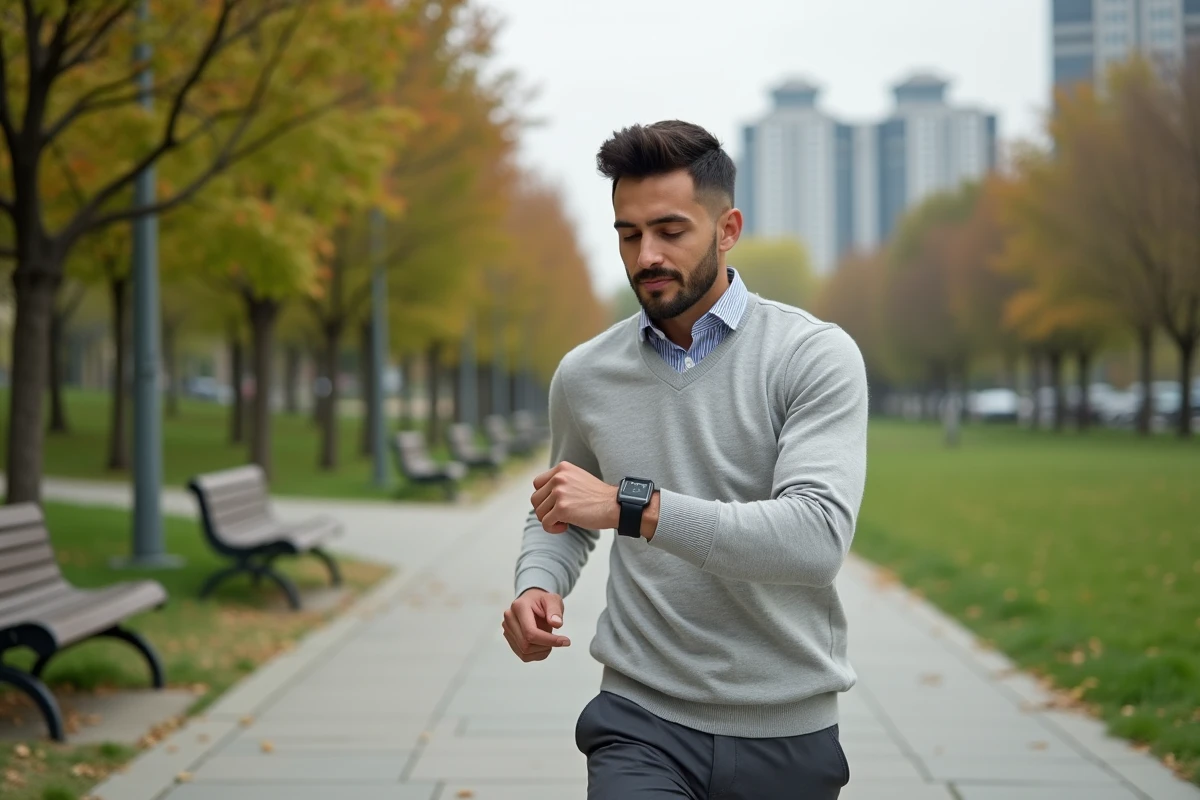 Jeune homme marchant dans un parc urbain avec un tracker
