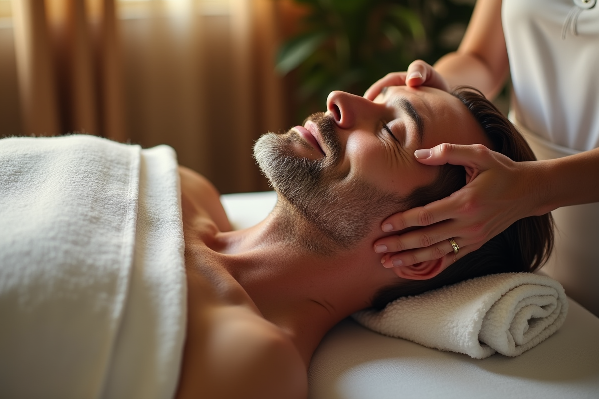 Homme recevant un massage du cuir chevelu dans un studio de bien-être