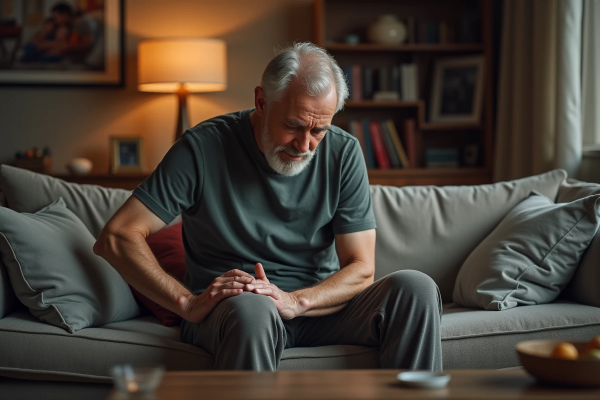 Homme &acirc;g&eacute; en d&eacute;tente massant son genou