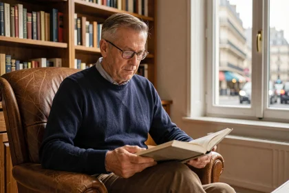 Homme mature assis dans un fauteuil en cuir dans un salon parisien, tenant un livre avec une expression sereine et résiliente, illustrant la vie privée face à la maladie