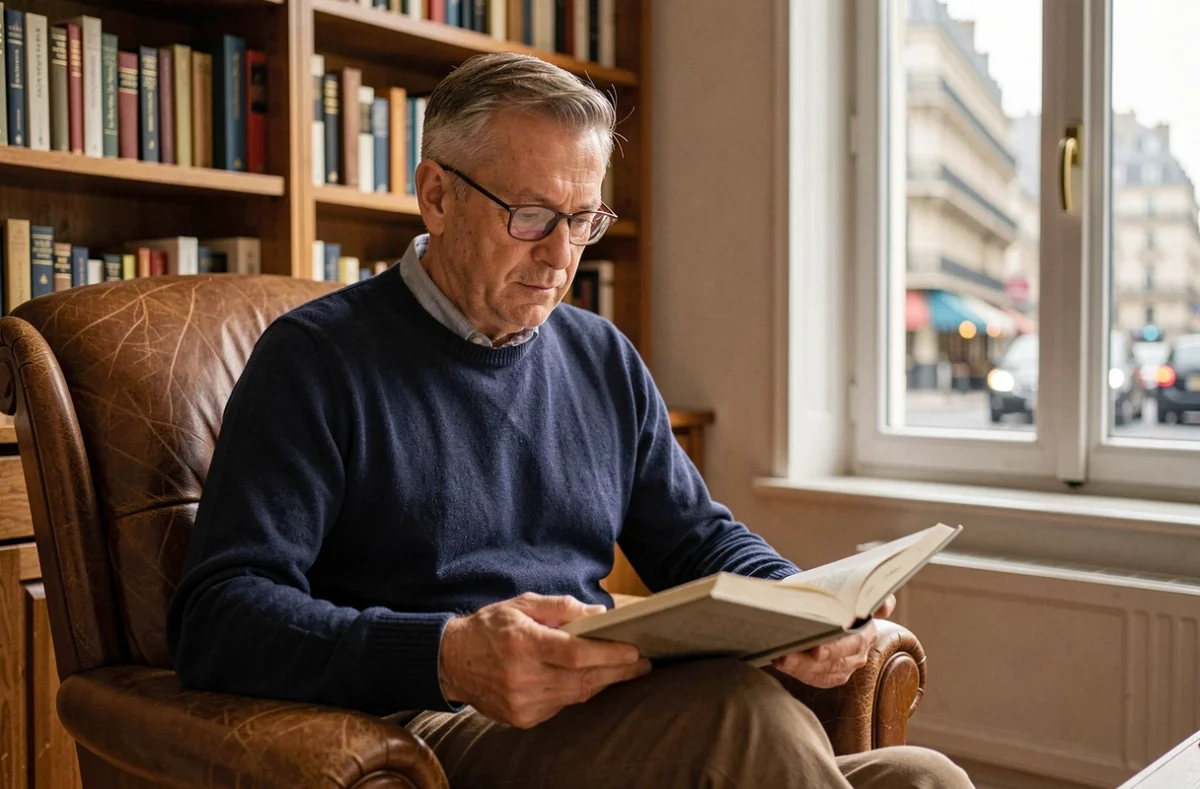 Homme mature assis dans un fauteuil en cuir dans un salon parisien, tenant un livre avec une expression sereine et résiliente, illustrant la vie privée face à la maladie