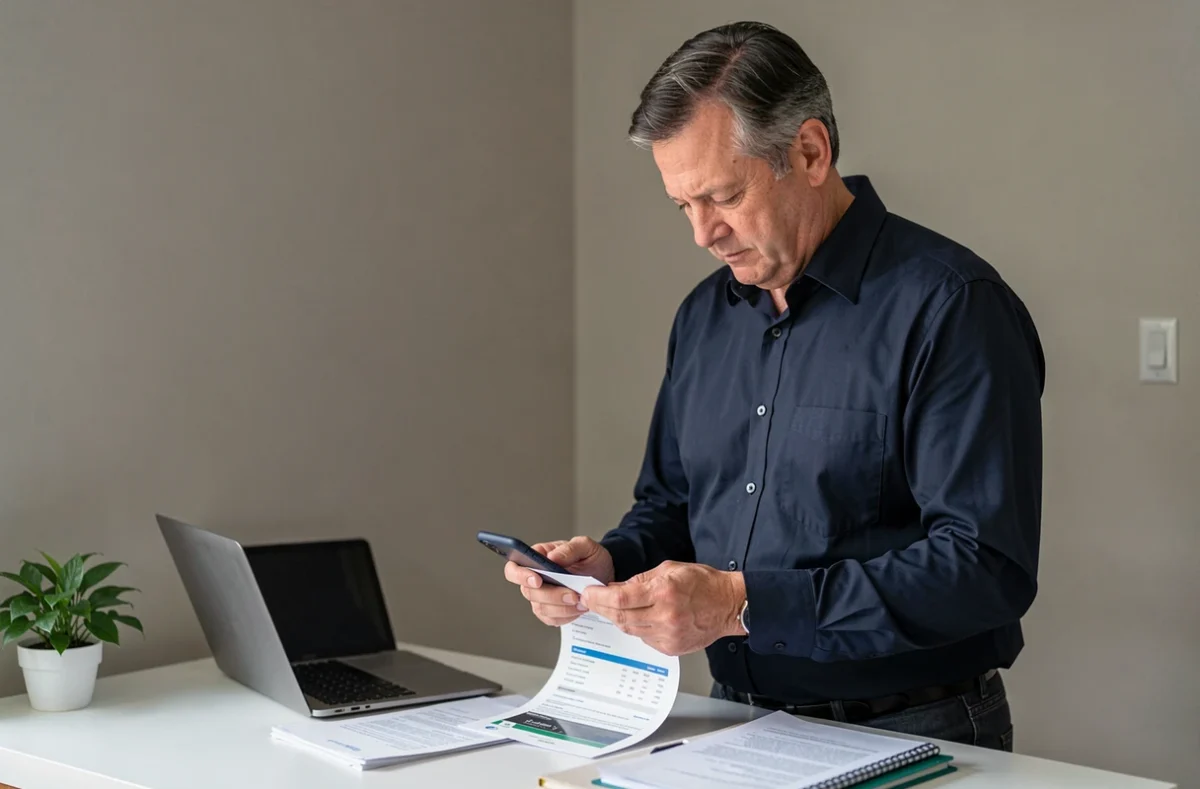 Homme numérisent un document administratif avec son smartphone pour constituer un dossier carte Vitale