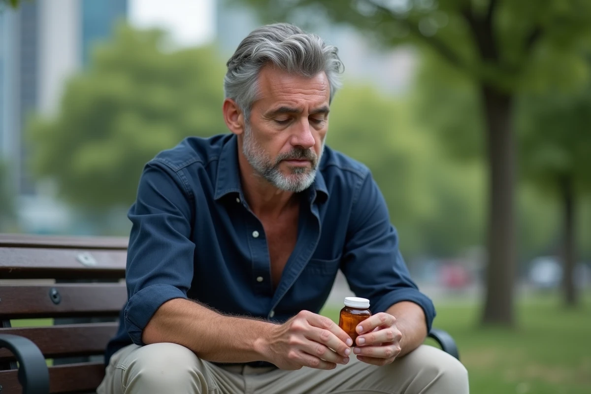Homme en pause dans un parc urbain tenant un flacon de compléments face au stress et à l'anxiété professionnelle