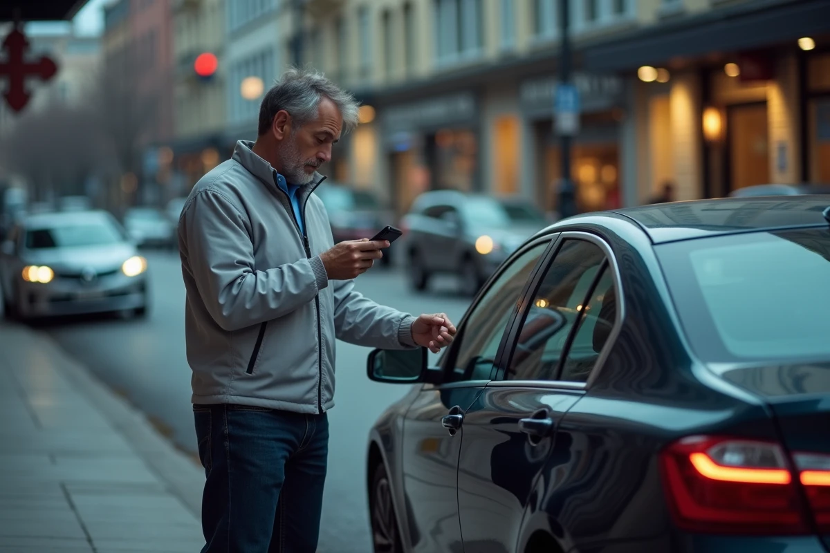 Homme hésitant dans un parking urbain consultant un simulateur d'alcoolémie gratuit sur son téléphone avant de conduire