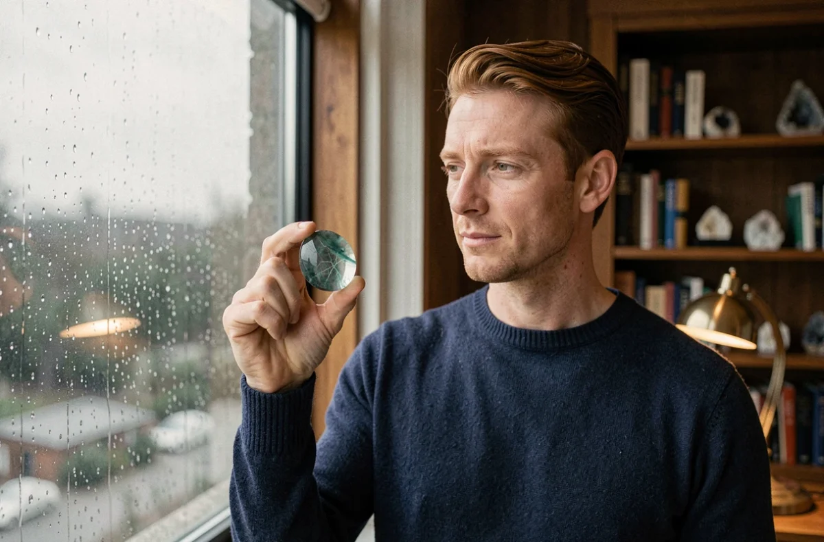 Homme tenant un pendentif en amazonite devant une fenêtre pluvieuse dans un bureau bibliothèque, explorant les vertus de la pierre pour son signe astrologique