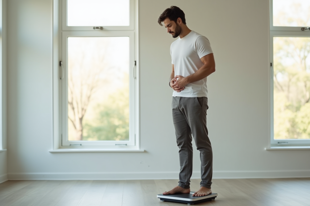 Homme sur balance dans une chambre lumineuse