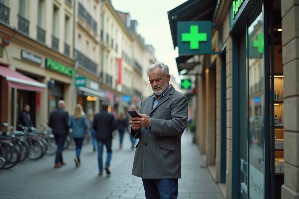 Homme consultant les avis sur Ociane Matmut depuis son téléphone devant une pharmacie en ville