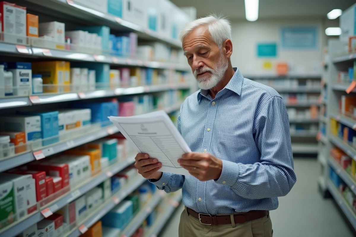 Homme âgé lisant un tableau de référence pression en pharmacie