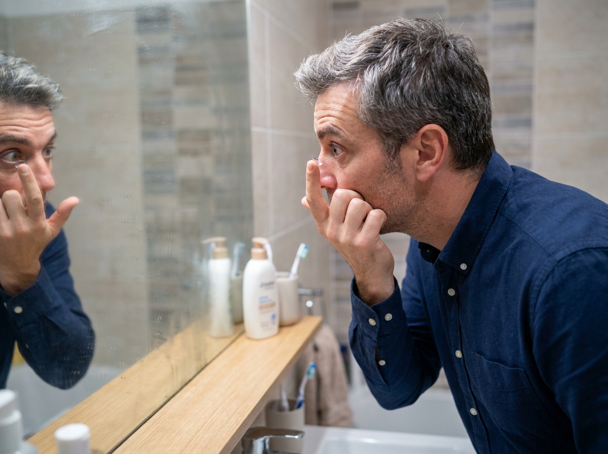 Homme en train de mettre une lentille de contact devant le miroir de sa salle de bain, illustrant la routine quotidienne des porteurs de lentilles