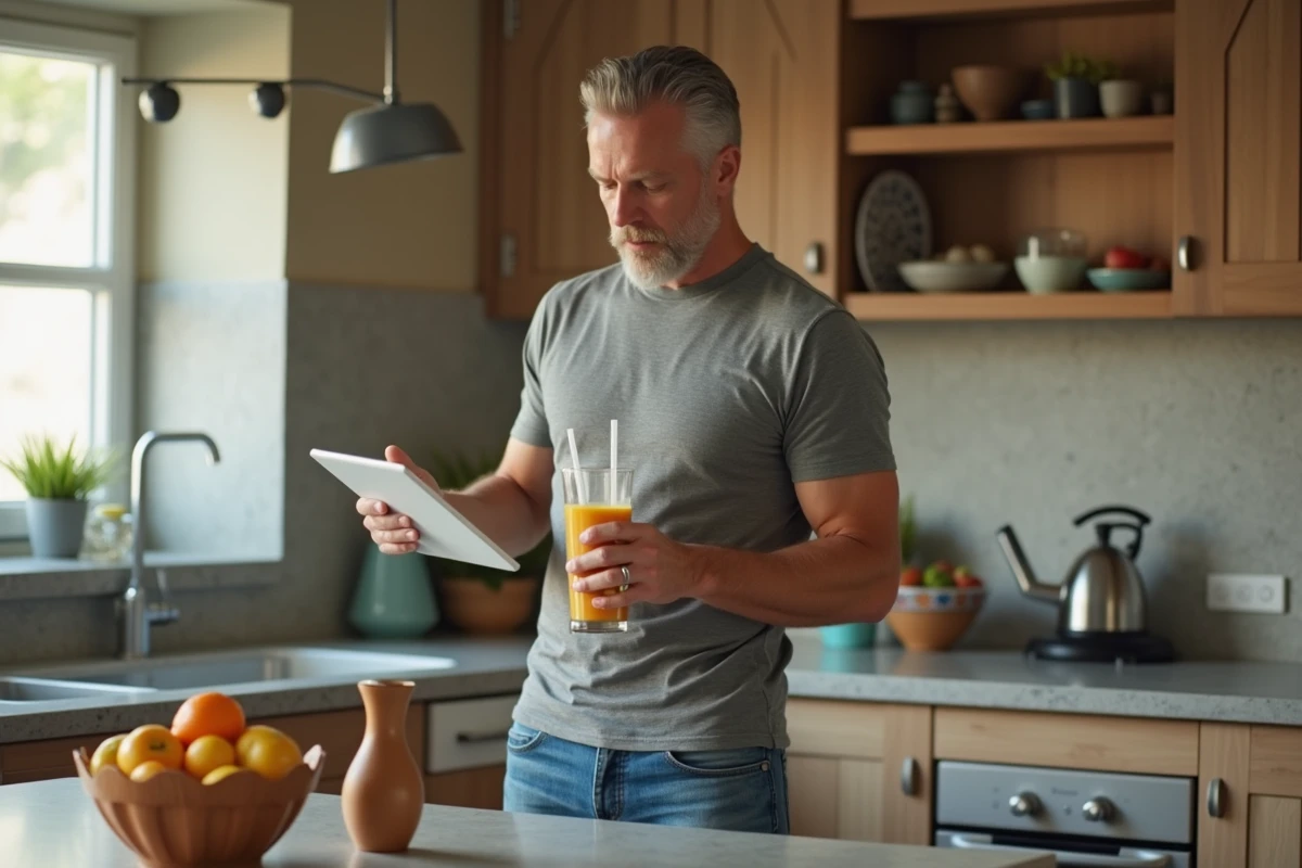 Homme en cuisine pr&eacute;parant un smoothie en regardant une video diet