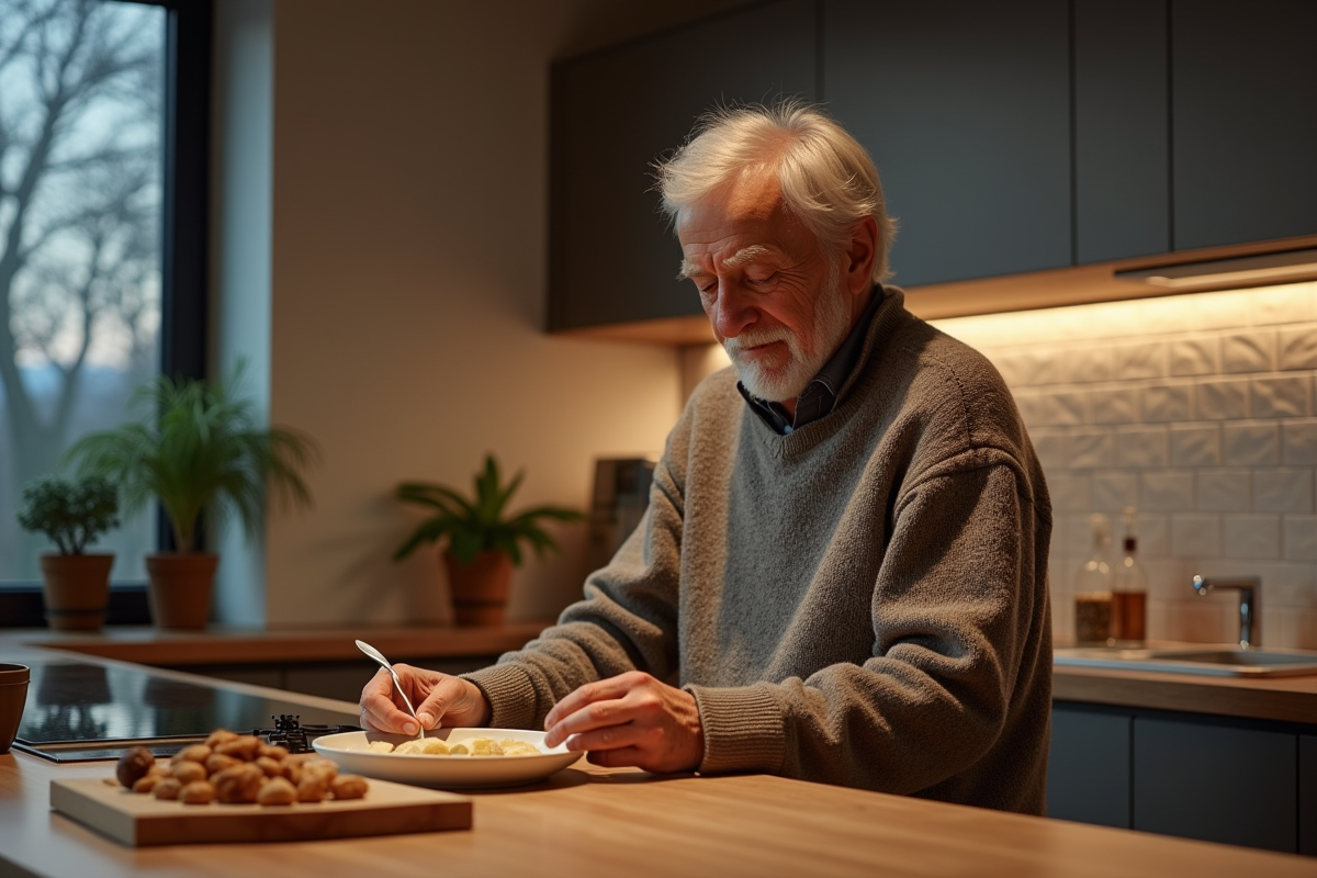 Homme âgé préparant une tisane dans une cuisine moderne