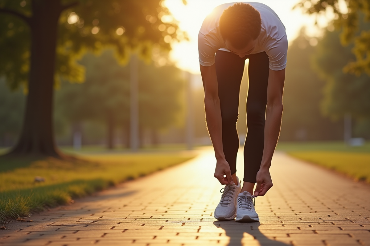 Homme en tenue de sport qui lace ses chaussures de course au parc