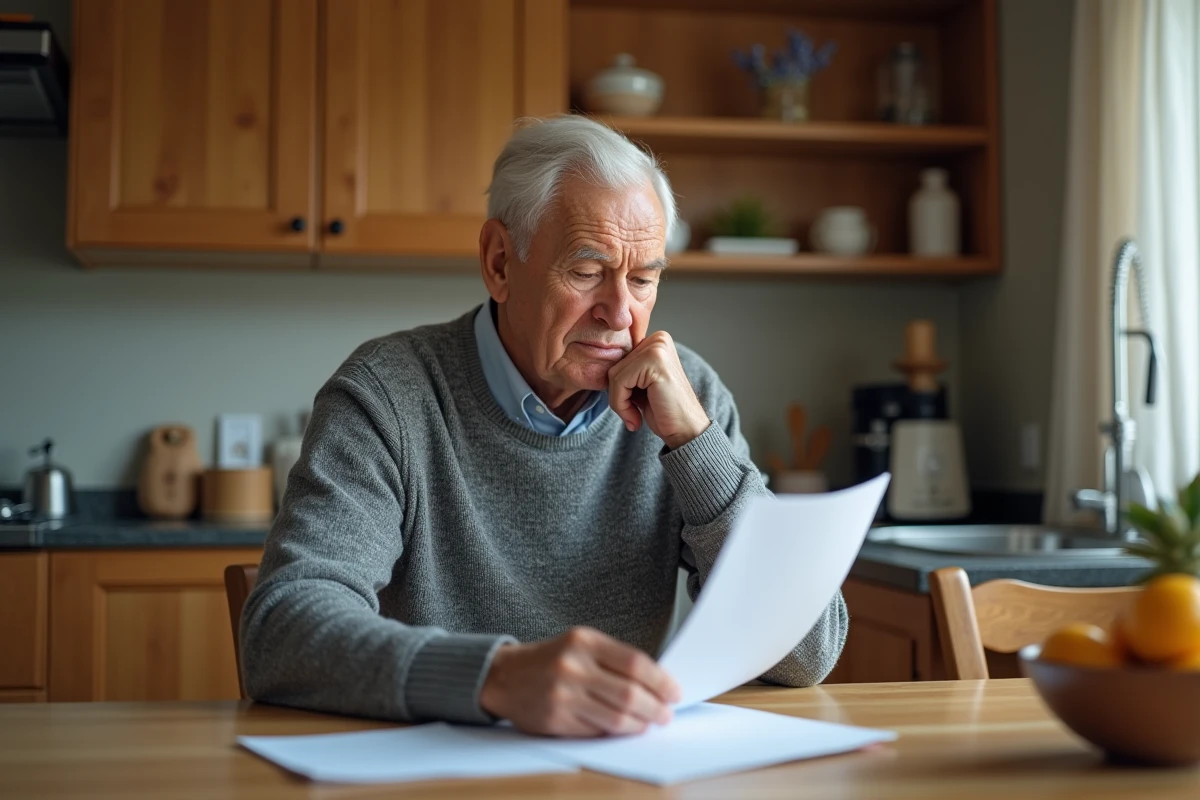 Homme âgé lisant une brochure médicale à la maison