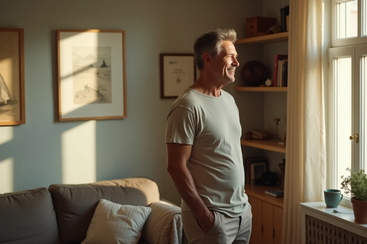 Homme pensif regardant par la fen&ecirc;tre dans le salon