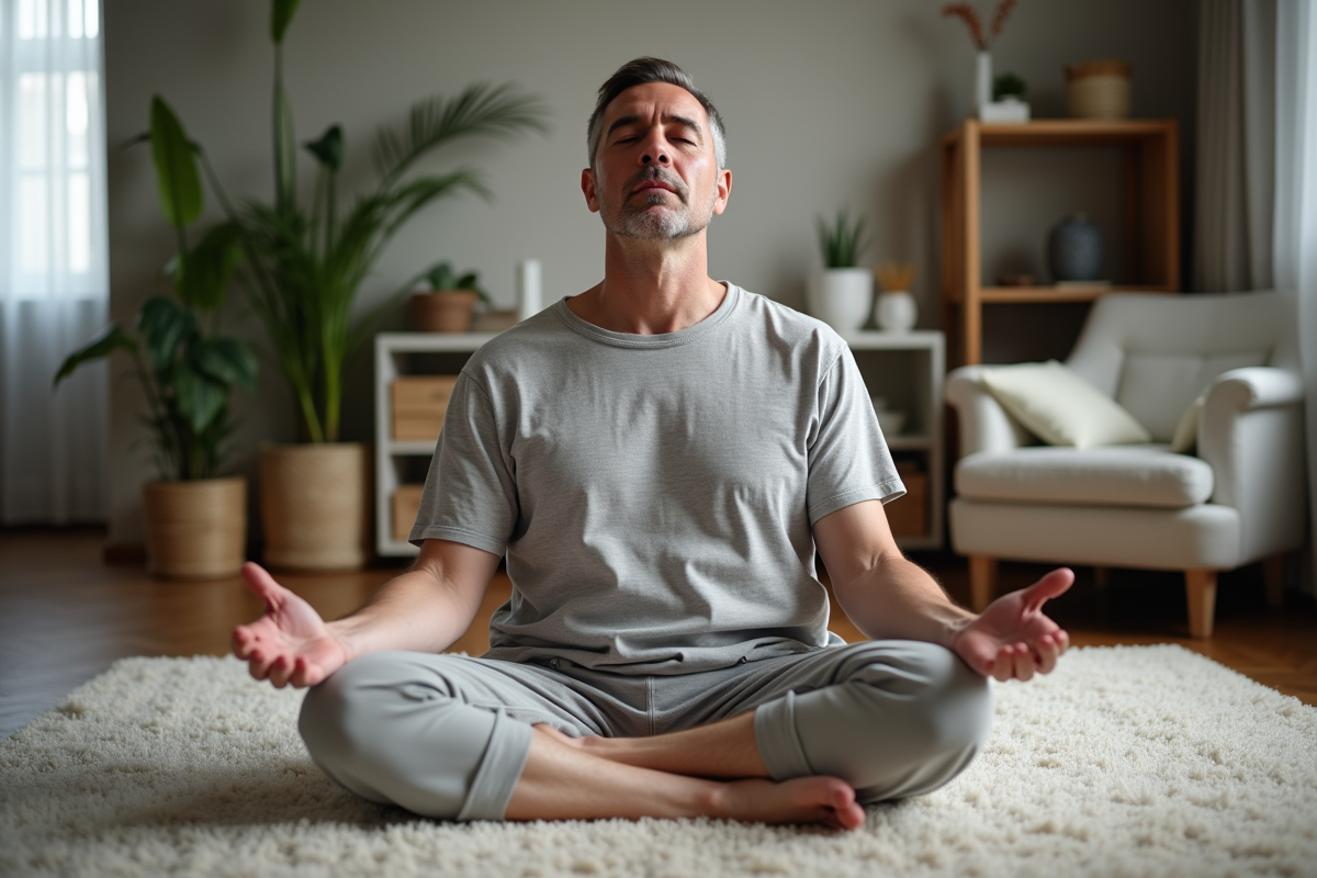 Homme en loungewear méditant dans un salon lumineux