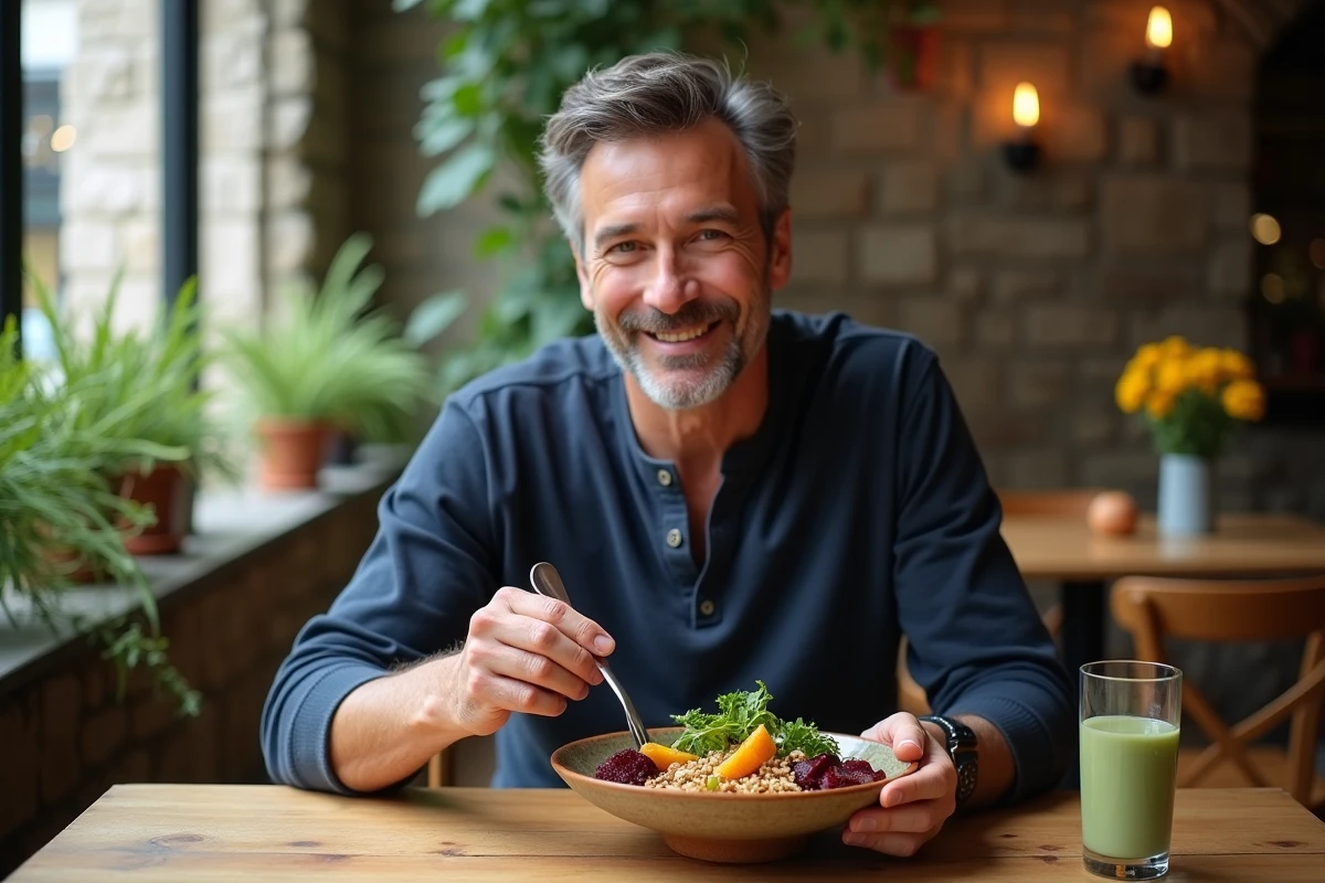Homme dégustant une salade quinoa anti-inflammatoire aux betteraves rôties et noix dans un café bistrot avec verre de matcha