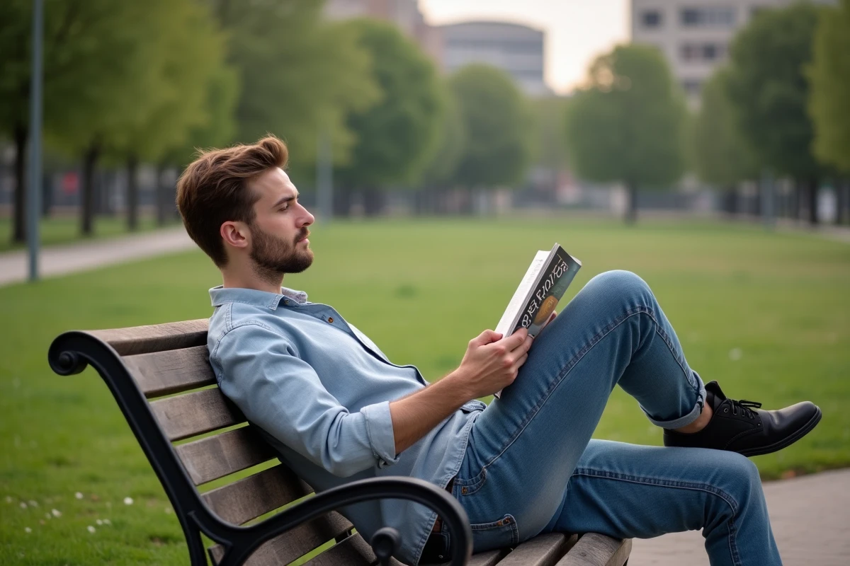 Jeune homme lisant Psychologie Positive dans un parc