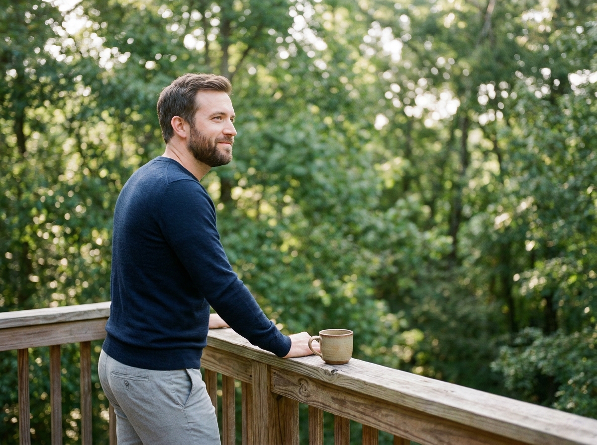 Homme se reposant les yeux en regardant au loin depuis un balcon en bois entouré de verdure, symbolisant l'importance du repos visuel dans la routine quotidienne