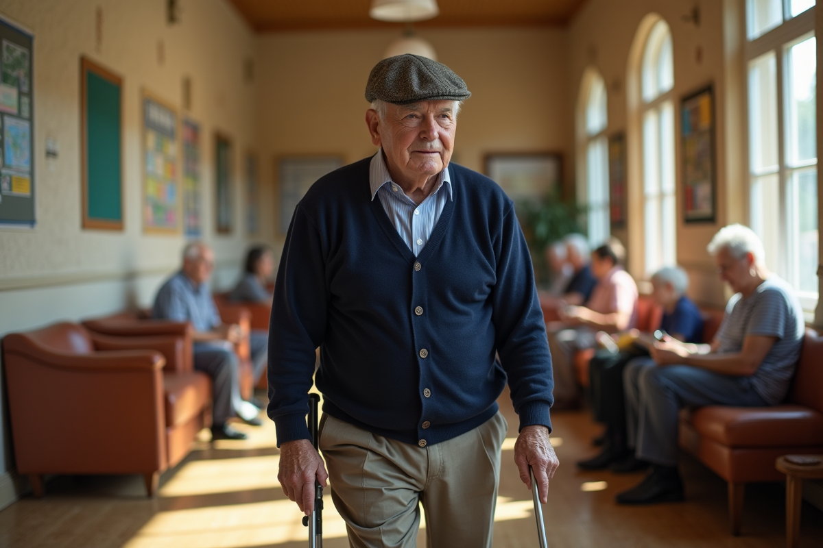 Homme âgé marche avec une canne dans un centre communautaire