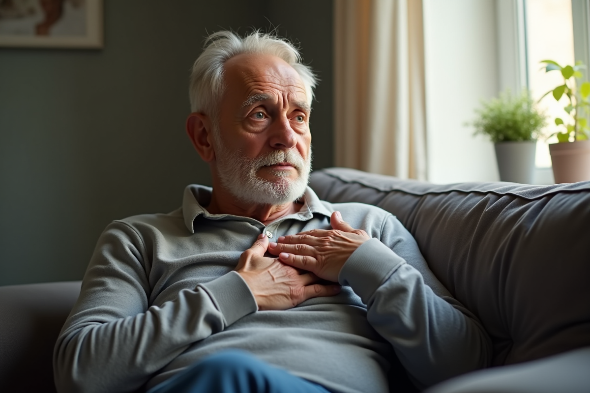 Homme senior inquiet assis sur un canapé à la maison