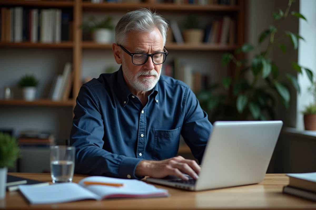 Homme senior avec lunettes de lecture consultant des informations santé sur un ordinateur portable dans un bureau à domicile