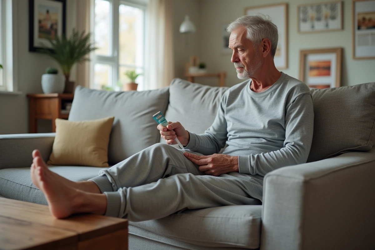 Homme senior appliquant un gel sur la jambe dans le salon