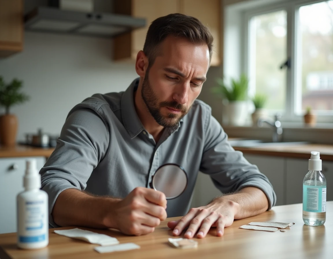 Homme soignant seul un ongle arrach&eacute; &agrave; la maison avec antiseptique et pansements st&eacute;riles