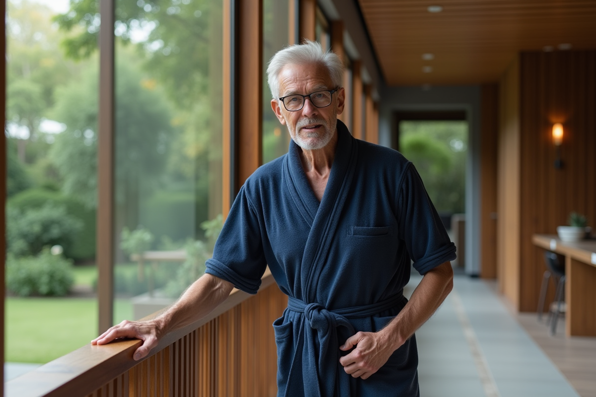 Homme en peignoir regardant le jardin depuis le spa