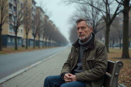 Homme d'&acirc;ge moyen assis seul dans un parc urbain