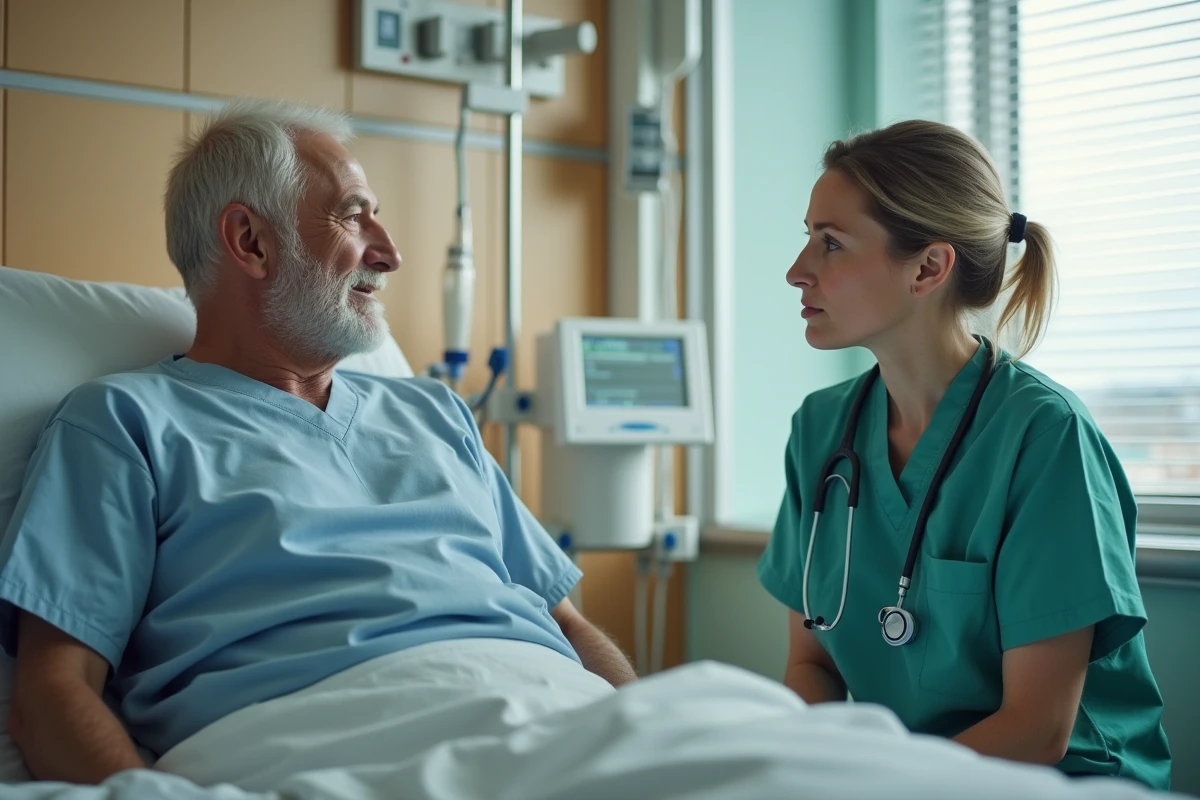 Patient en service de neurochirurgie discutant avec une neurochirurgienne dans une chambre d'hôpital moderne à Tours