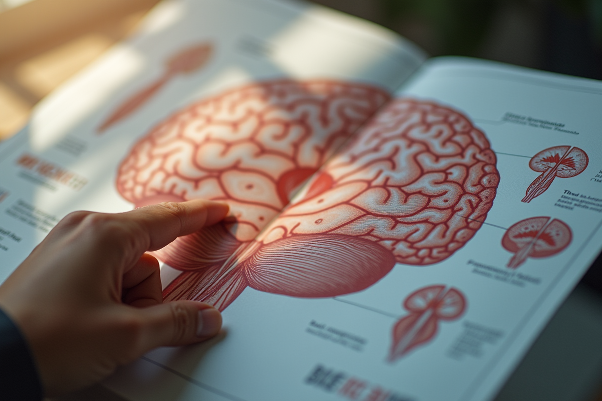 Main tenant une illustration anatomique du cerveau avec zones éclairées