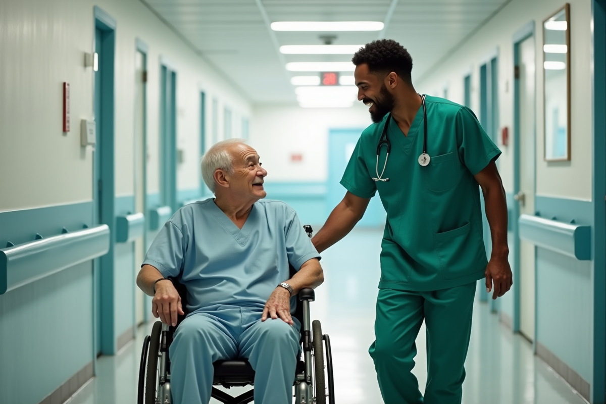Jeune infirmier aidant un patient en fauteuil roulant dans un couloir