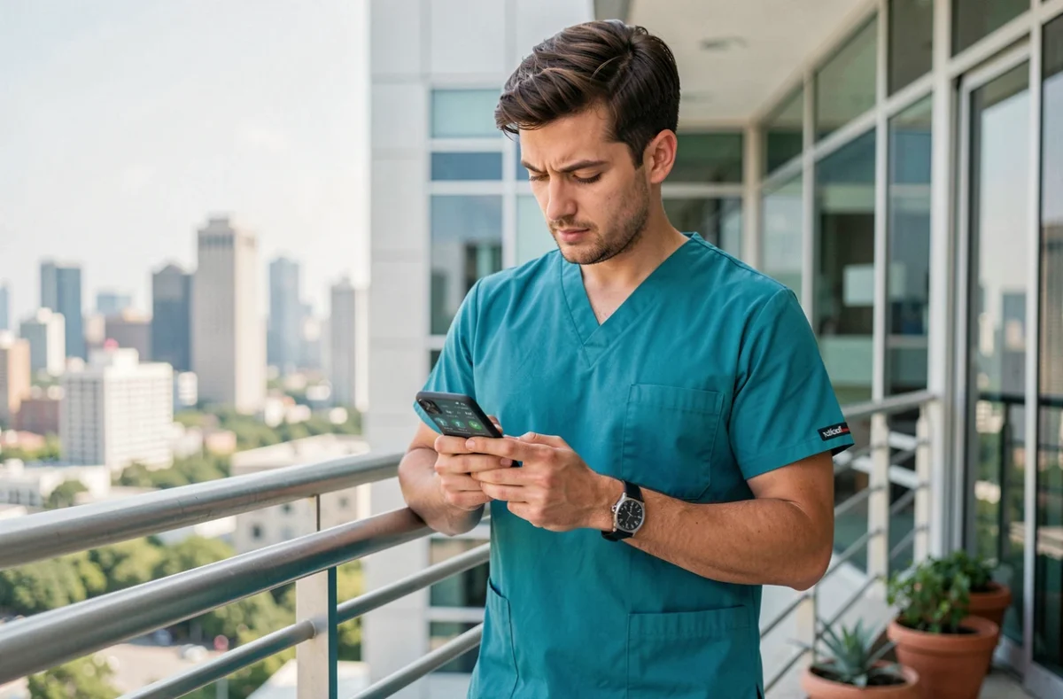 Infirmier consultant les dossiers patients sur smartphone depuis la terrasse d'une clinique moderne