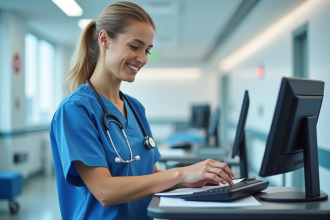 Infirmière en uniforme bleu vérifiant un dossier médical