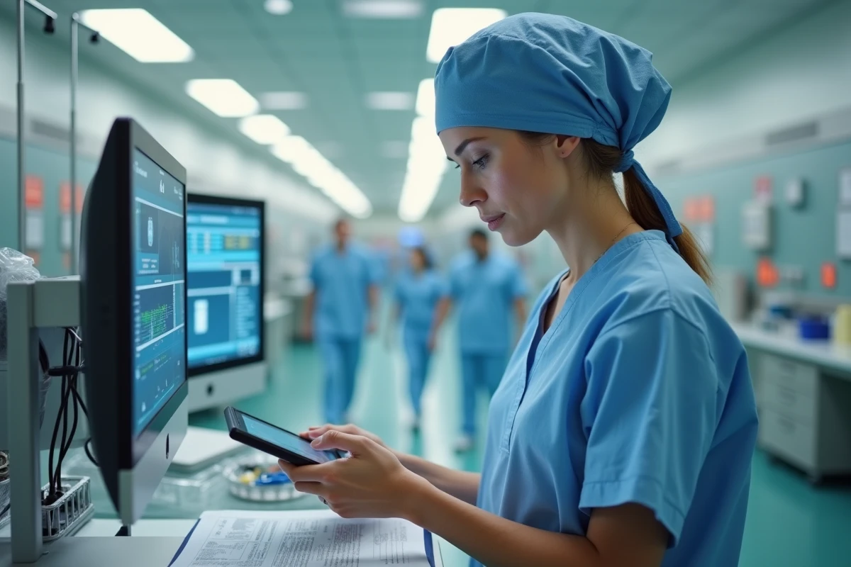 Infirmière en neurochirurgie consultant un dossier médical sur tablette au poste de soins