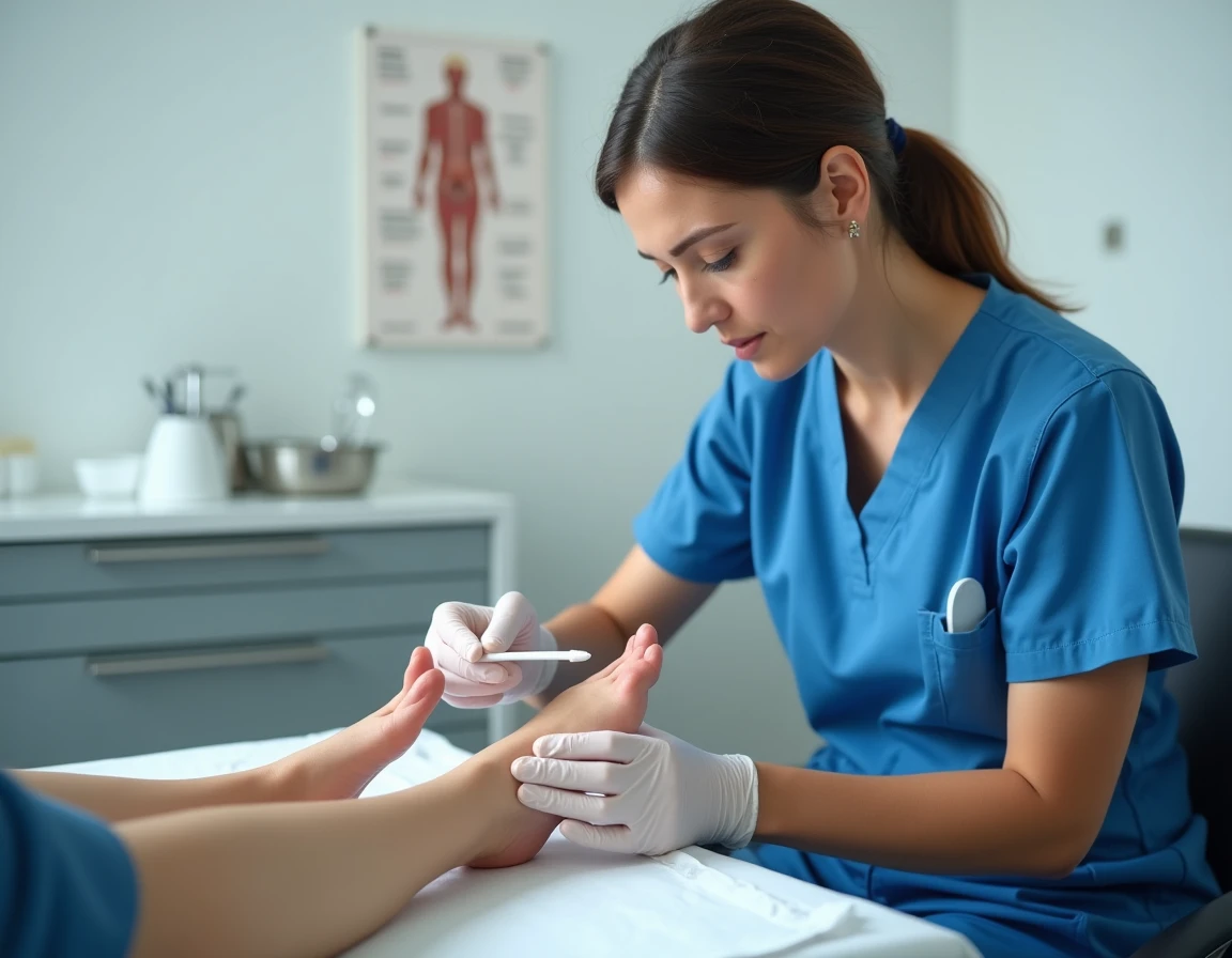 Infirmi&egrave;re soignant un ongle arrach&eacute; du pied avec antiseptique dans un cabinet m&eacute;dical