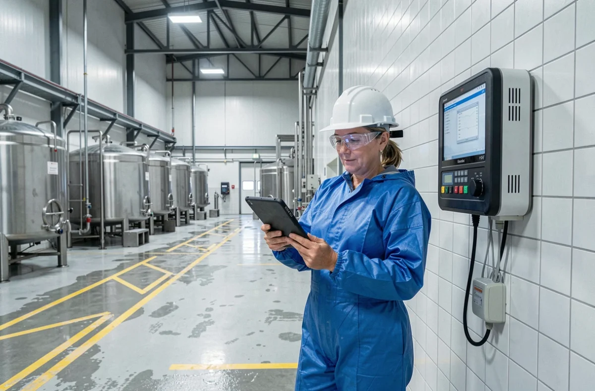Ingénieure qualité analysant les données d'un aérobiocollecteur dans une usine de transformation laitière