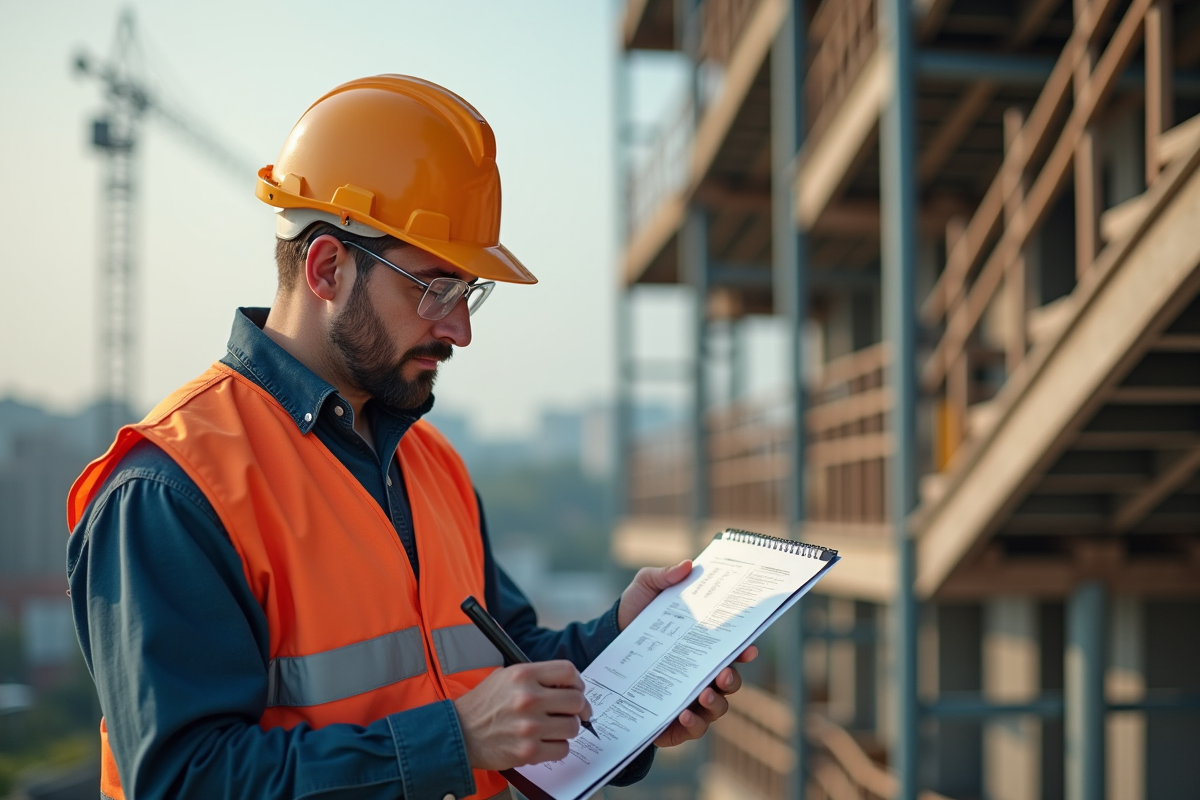 Ouvrier vérifiant une liste de contrôle sur un chantier extérieur