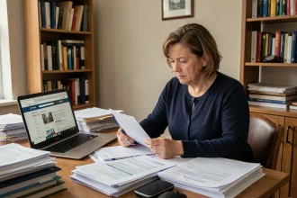 Une femme d'âge mûr assise à un bureau encombré de documents administratifs, illustrant les démarches complexes entre invalidité catégorie 2 et chômage à Pôle emploi