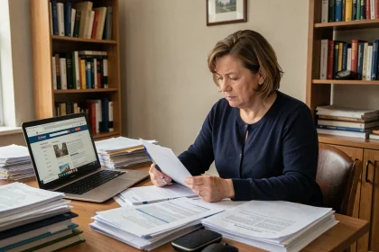 Une femme d'âge mûr assise à un bureau encombré de documents administratifs, illustrant les démarches complexes entre invalidité catégorie 2 et chômage à Pôle emploi