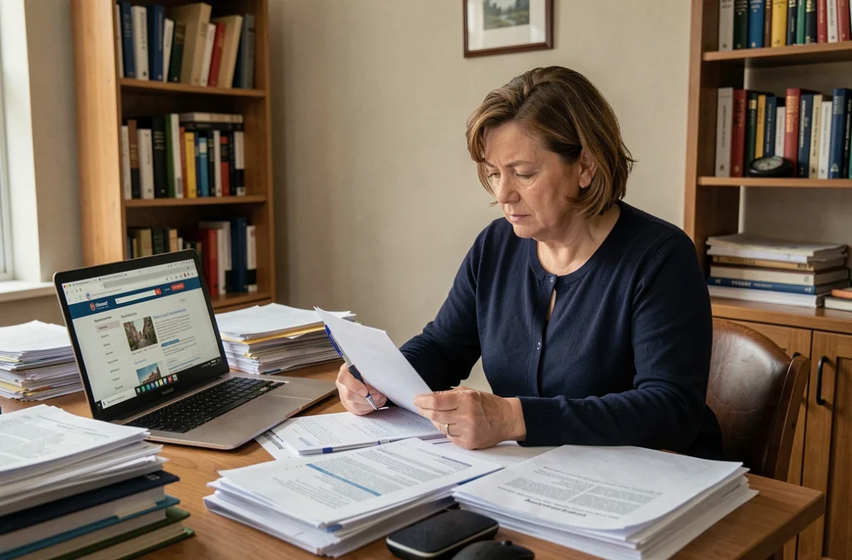 Une femme d'âge mûr assise à un bureau encombré de documents administratifs, illustrant les démarches complexes entre invalidité catégorie 2 et chômage à Pôle emploi