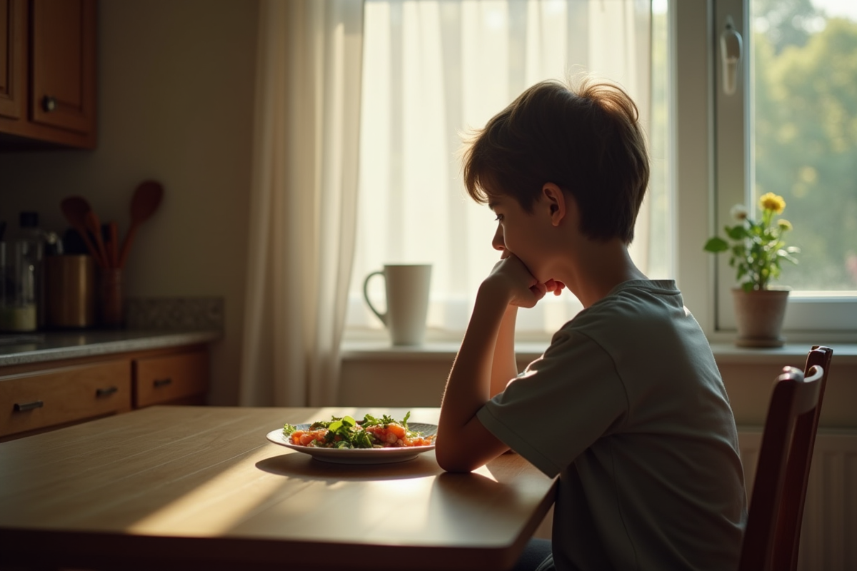 Jeune adulte pensif à la cuisine devant une fenêtre