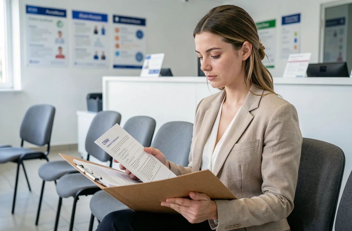 Jeune femme vérifiant sa liste de documents requis dans une agence CPAM pour obtenir sa carte Vitale