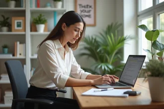 Jeune femme professionnelle au bureau organisé et lumineux