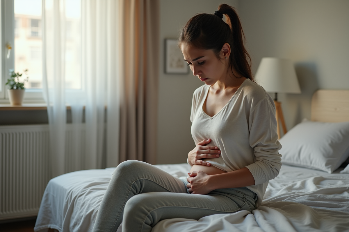 Jeune femme inquiète assise sur le lit avec douleur abdominale