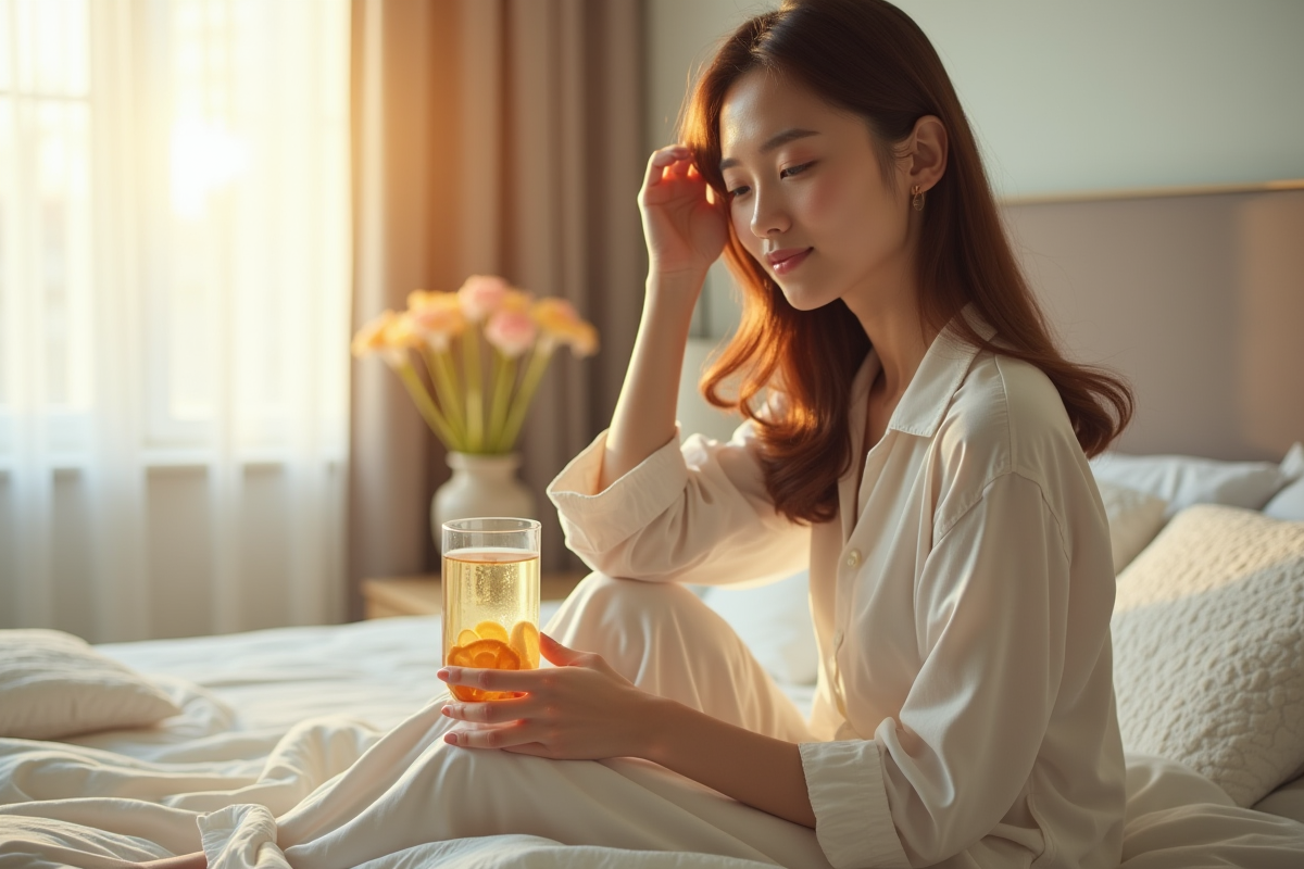 Jeune femme assise sur le lit dans une pièce lumineuse