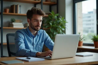 Jeune homme concentré travaillant sur son ordinateur dans un bureau moderne