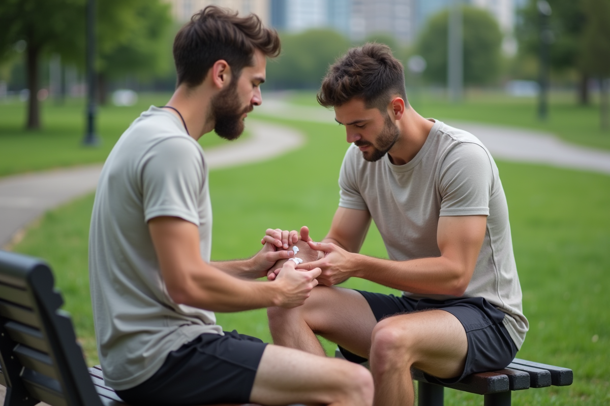 Jeune homme applique une creme sur son mollet dans un parc