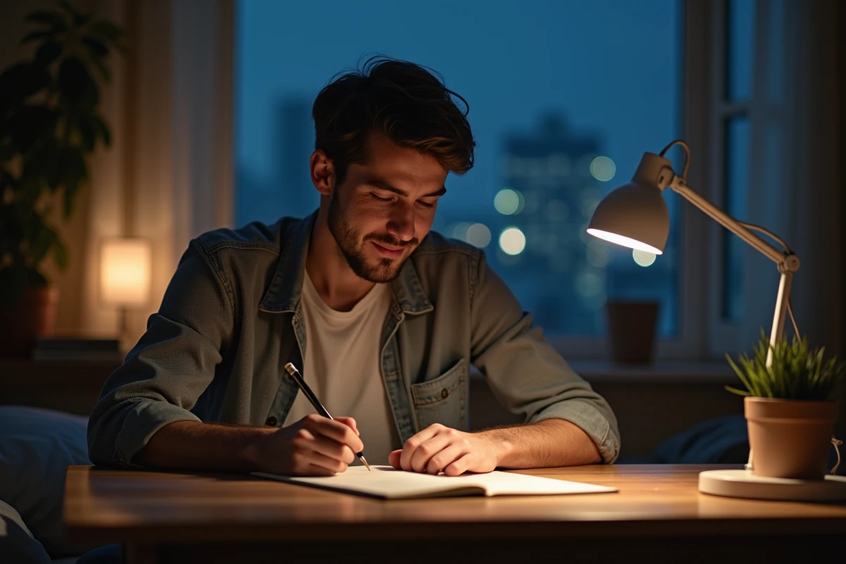 Jeune homme écrivant dans un journal après lecture de blog