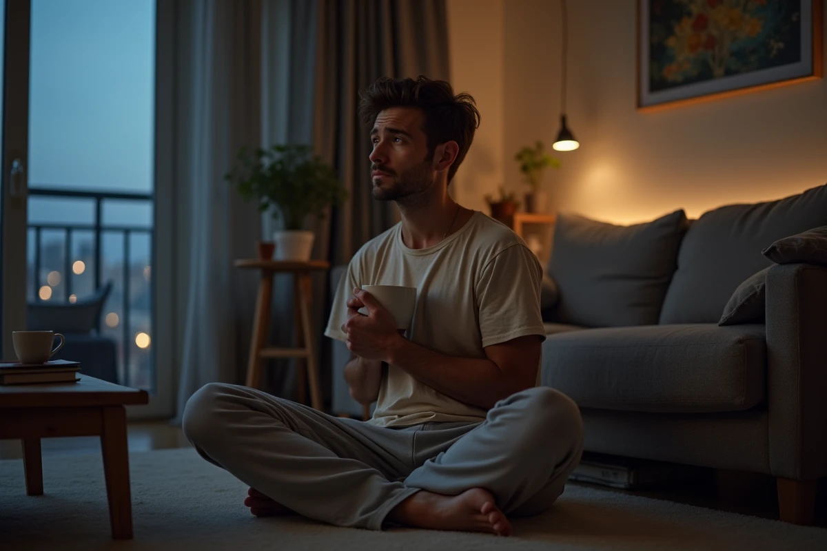 Jeune homme assis sur le sol du salon avec un mug